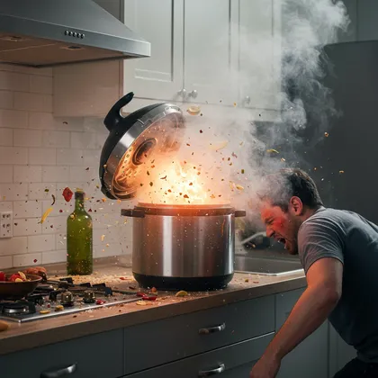 Man suffering injury from exploding pressure cooker in kitchen