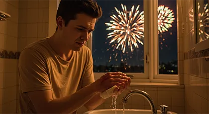 Man treats fireworks-related hand injury with water on Fourth of July