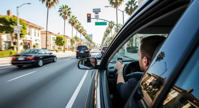 Man using phone while driving doesn't notice the red light change