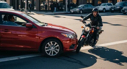 Motorcycle and car collision at an intersection due to an unsafe left turn