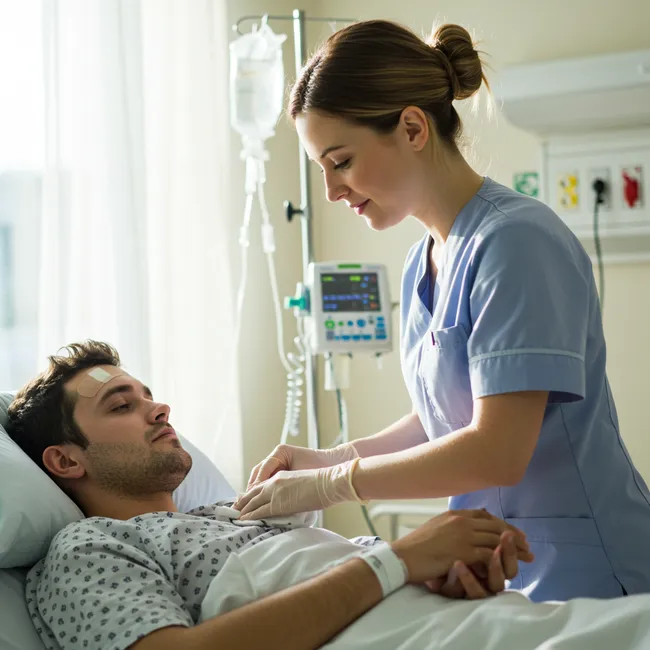 Nurse caring for injured patient after slip-and-fall accident in hospital