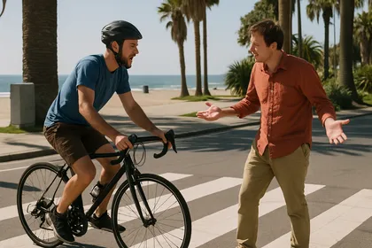 Pedestrian and cyclist arguing over right-of-way at crosswalk