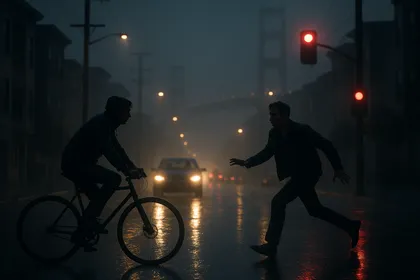 Pedestrian and cyclist at risk in low-visibility night conditions