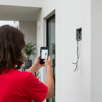 Person photographing exposed electrical wires on a wall as potential accident evidence