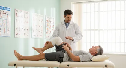 Physical therapist assisting injured patient during rehabilitation session
