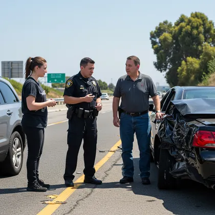 Police officer speaking with drivers after a rear-end collision on the highway