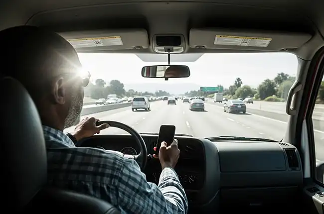 Distracted truck driver using a phone while driving on a highway