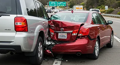 Two-car rear-end collision on a highway with visible vehicle damage
