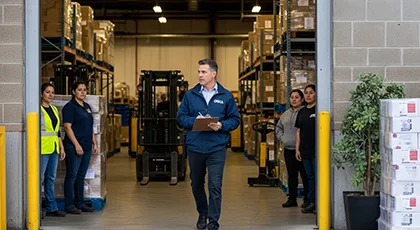 Warehouse supervisor amid workers in potentially unsafe conditions