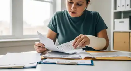 Woman with arm injury reviewing medical and legal documents for accident claim