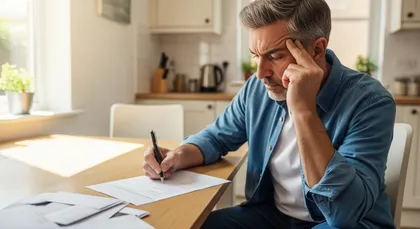 Worried man reviewing paperwork at home after a rear-end accident.