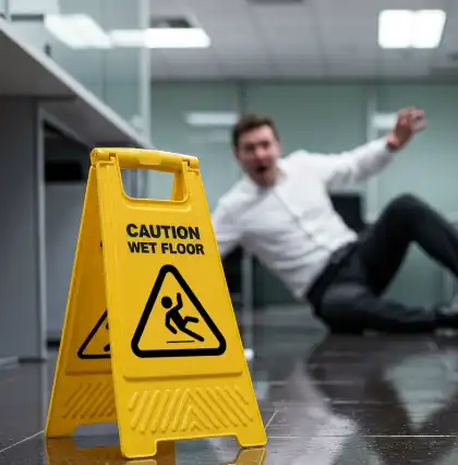 man accidentally slipped on wet floor with caution sign marker