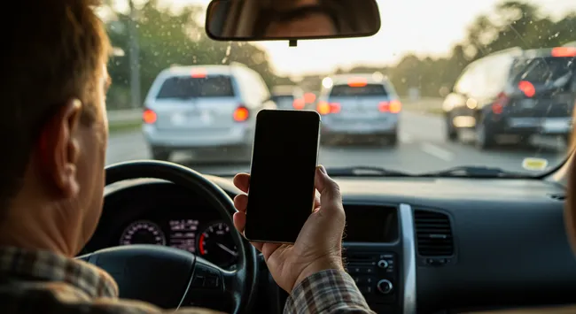 man looking at phone while driving along a highway in Menifee