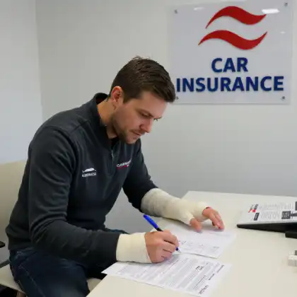 Injured man signing car insurance documents after an accident