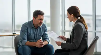 Man consulting lawyer about disputed insurance payout.