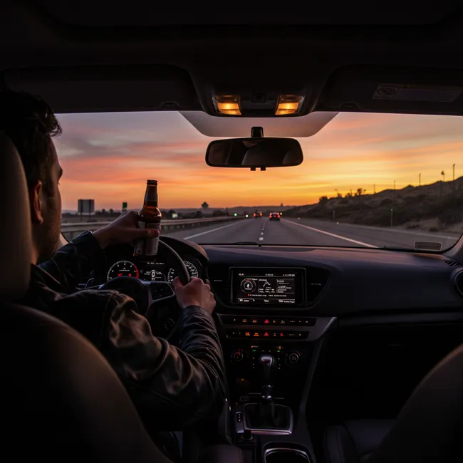 A man is driving a car while drinking alcohol along the Inglewood highway