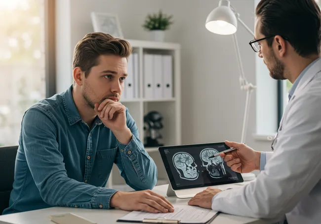 A medical practitioner explaining to his client the results of a head X-ray