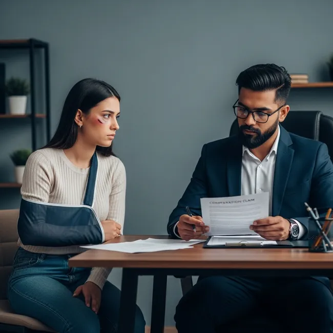 An injured lady consulting a lawyer in Hesperia