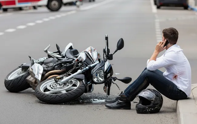 An injured man on his motorcycle is calling on his phone