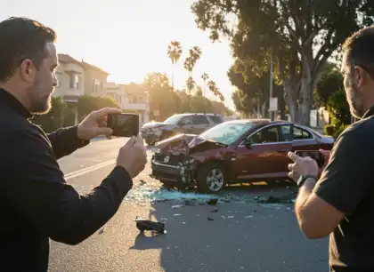 Bystanders taking photos of damaged car after accident.