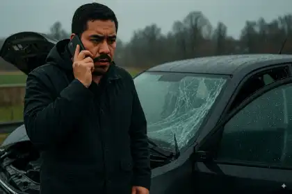 Conductor Preocupado Haciendo Llamadas Telefónicas Bajo La Lluvia Tras Un Grave Accidente De Tráfico (1)