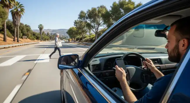 Distracted driver using phone near pedestrian at Chula Vista