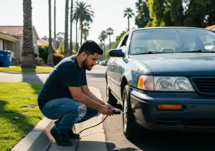 Driver checking flat tire on roadside for repair