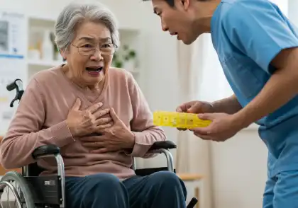 Elderly woman in distress from possible nursing home neglect