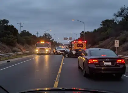 Emergency vehicles responding to crash on highway at dusk