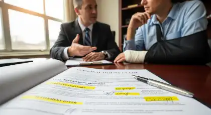 Injured client consulting with personal injury lawyer over legal documents