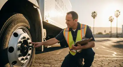 Inspector examining a delivery truck’s wheel for safety compliance
