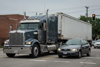 Large truck and passenger car at intersection accident risk