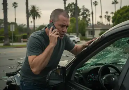 Man calling for help after car accident with shattered windshield