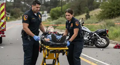 Paramedics assisting motorcycle accident victim