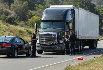 Police investigating truck and car accident scene