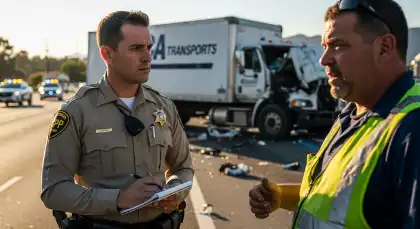 Police officer taking notes at the scene of a serious delivery truck accident