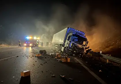Severe nighttime truck accident with emergency response