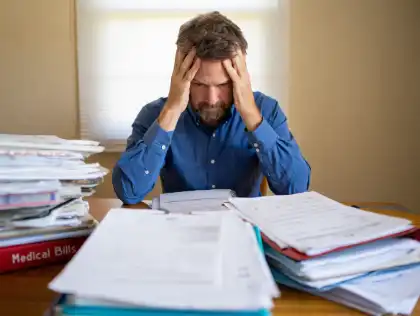 Stressed man overwhelmed by denied insurance claim paperwork