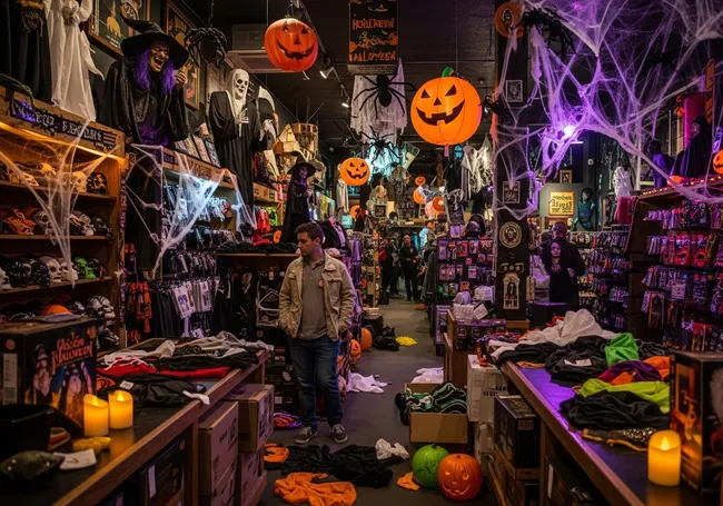 A man is looking for the items to buy at the Spirit Halloween shop