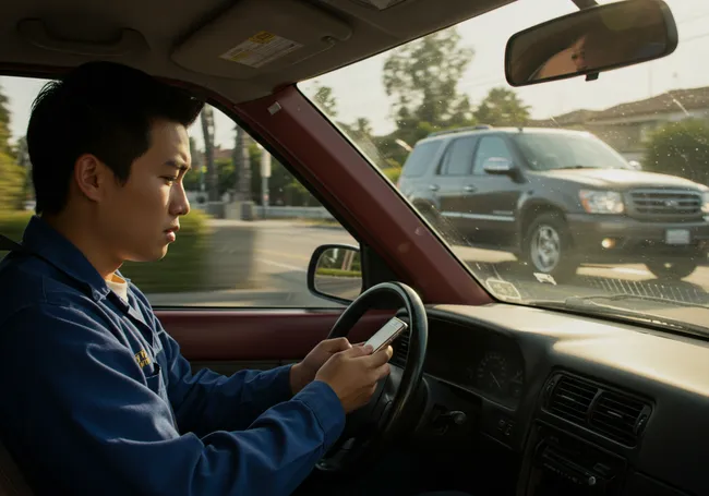 A man using a smartphone while driving a car along the Glenn County highway