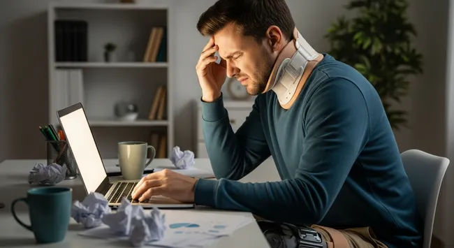 A man with a neck brace is having head pain