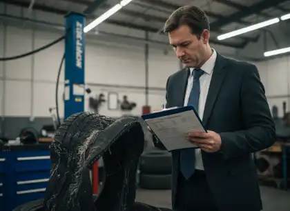 Accident investigator reviewing damaged tire for liability case
