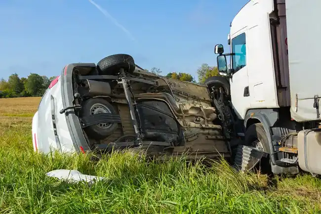 Accident scene showing rollover car after being hit by a truck