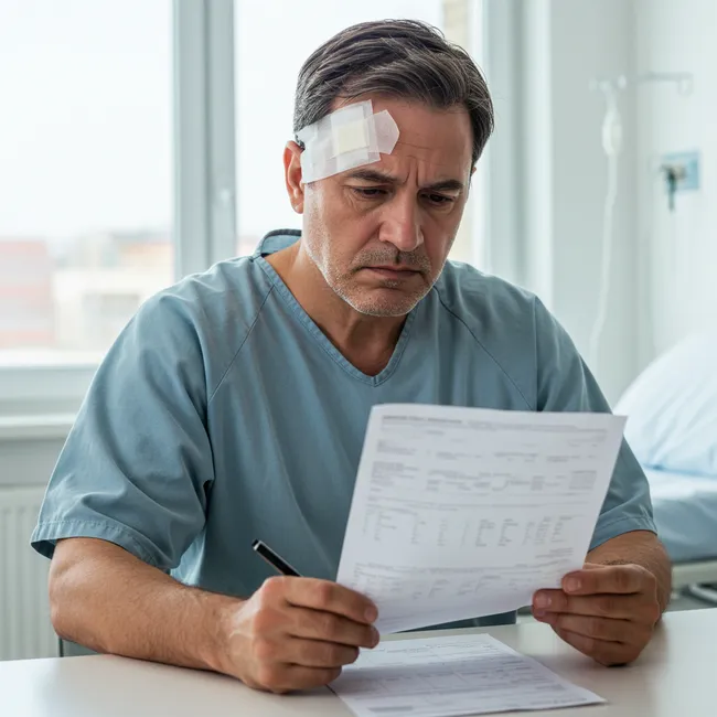 An injured man is looking at his hospital bill in Oceanside