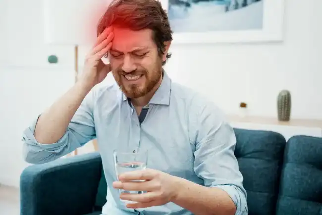 Brain injury victim holding his aching head