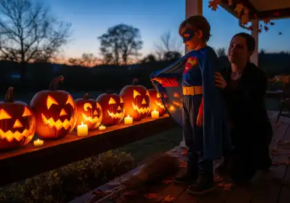 Child in a superhero costume standing near lit jack-oโ-lanterns and candles on a porch at dusk
