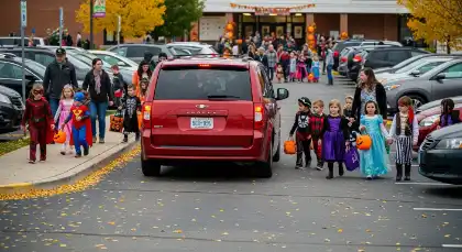 Children in Halloween costumes walk through a parking lot filled with cars during a trunk-or-treat event