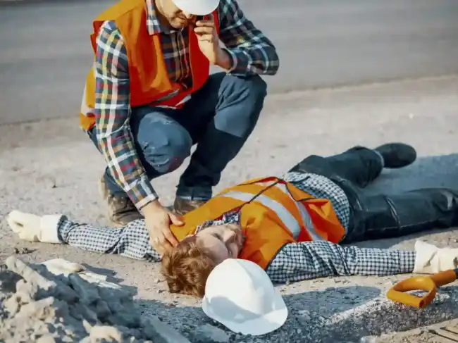 Construction accident where one worker lies injured on the ground while another calls for help