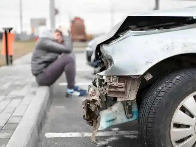 Devastated man with his damaged car from hit-and-run accident