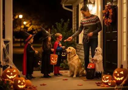 Dog sitting calmly as a homeowner gives candy to trick-or-treaters dressed in costumes on Halloween night